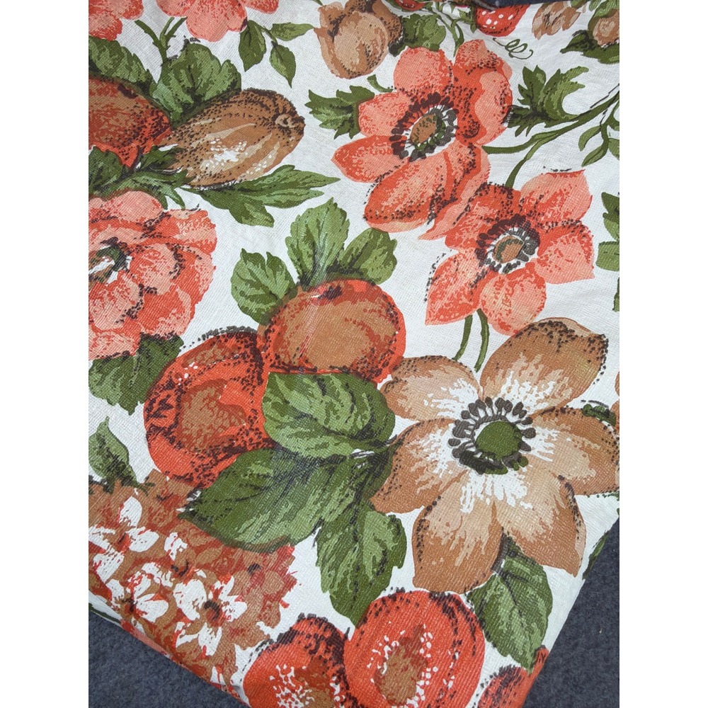 Vintage‎ Table Cloth White Orange  Floral Flannel backed 70s 52x52 Square Vinyl